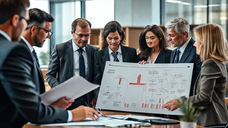 Photorealistic, professional photography, 8K, cinematic lighting, sharp focus, depth of field, shot on a high-end DSLR. A diverse group of legal professionals and consultants in a modern law office, intently discussing documents and strategies related to education policy. One person is pointing to a chart, illustrating complex legal pathways.