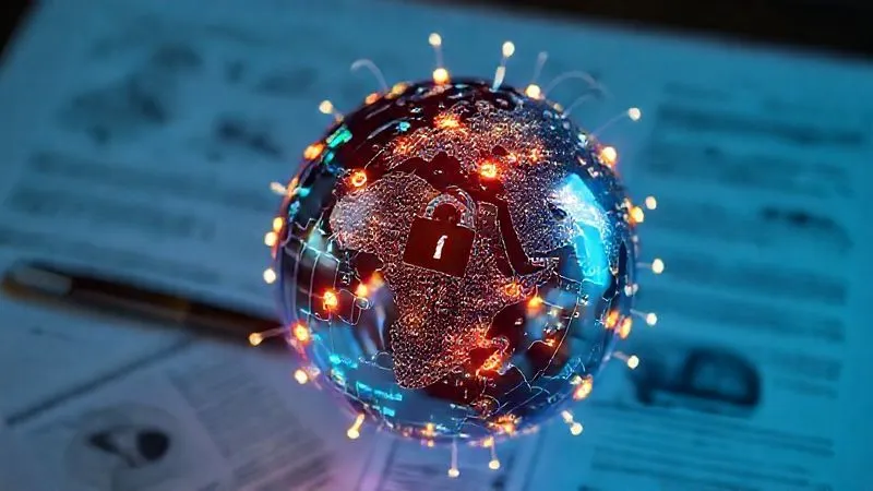 A photorealistic 3D holographic globe showing interconnected data streams and glowing markers representing global privacy regulations like GDPR, CCPA, and LGPD. Cinematic lighting, sharp focus on the globe, depth of field blurring a background of legal documents. 8K hyper-detailed, professional photography, shot on a high-end DSLR.