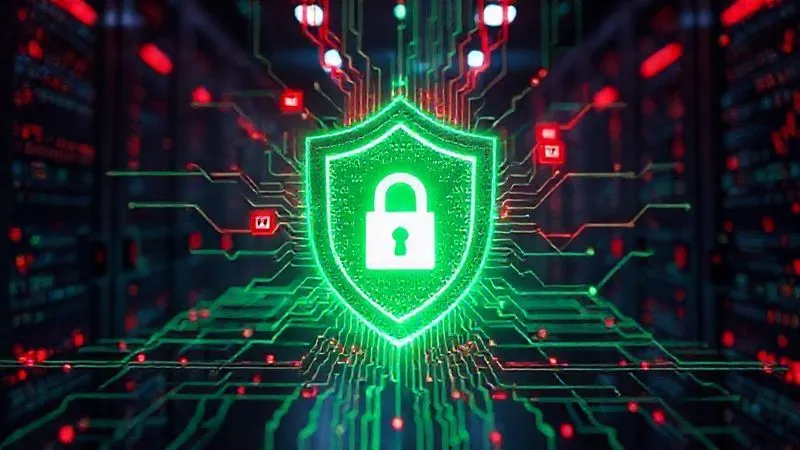A photorealistic digital shield glowing with green light, protecting a complex AI neural network from red, malicious cyber threats represented by abstract code and lock icons. Cinematic lighting, sharp focus on the shield and network, depth of field blurring a background of secure servers. 8K hyper-detailed, professional photography, shot on a high-end DSLR.