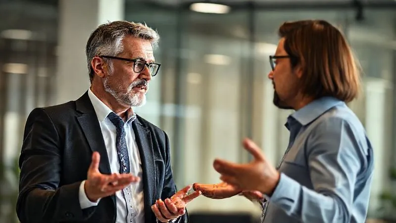 A photorealistic image of two professionals, one appearing to be an HR representative and the other an employee, engaged in a serious but respectful conversation in a modern office setting. Both have open body language, suggesting transparency and professional interaction. Professional photography, 8K, cinematic lighting, sharp focus on their faces, depth of field blurring the background, shot on a high-end DSLR.