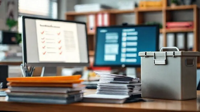 A photorealistic image of a highly organized office desk with color-coded files, a neatly arranged computer screen displaying a digital checklist, and a secure document storage box, symbolizing meticulous record-keeping and data management. Professional photography, 8K, cinematic lighting, sharp focus on the organized elements, depth of field blurring the background, shot on a high-end DSLR.