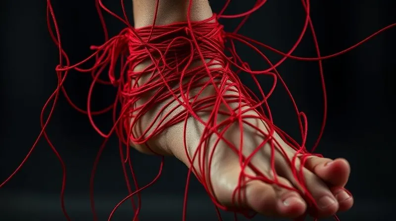 A photorealistic image of a dense, intricate web of red threads tangling around a person's ankle, symbolizing the restrictive and complex nature of parole conditions. The threads are brightly lit against a dark, blurred background, emphasizing the feeling of being caught. Sharp focus on the ankle and threads, 8K, cinematic lighting, depth of field, professional photography, shot on a high-end DSLR.