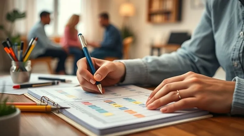 A photorealistic, professional photography, 8K, cinematic lighting, sharp focus, depth of field, shot on a high-end DSLR of a person meticulously organizing a planner, with colored pens and sticky notes marking important dates and tasks. In the background, there's a blurred image of a support group meeting or a counseling session, symbolizing proactive self-management and a strong support system. The overall atmosphere is one of calm and focused determination.