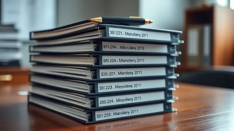A photorealistic image of a stack of neatly organized legal binders on a polished wooden desk, each binder labeled with dates and employee names, with a single pen resting atop the stack. The lighting is professional and clear, emphasizing the importance of detailed record-keeping. 8K, cinematic lighting, sharp focus, depth of field, shot on a high-end DSLR.