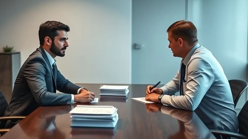 A photorealistic, professional photography, 8K, cinematic lighting, sharp focus, depth of field, shot on a high-end DSLR of two business professionals (one manager, one HR) sitting across a conference table from a third individual, who appears solemn. A stack of documents is on the table, and the atmosphere is serious but respectful, with diffused lighting. No faces are clearly discernible, focusing on the professional interaction.