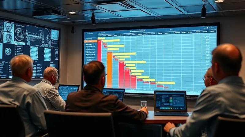 A photorealistic, professional photography shot of a detailed Gantt chart projected onto a large screen in a modern maritime operations control room. The chart clearly outlines timelines and dependencies for a complex vessel registration process, with various team members intently reviewing it. Cinematic lighting, sharp focus on the chart, depth of field blurring the background, 8K hyper-detailed, shot on a high-end DSLR.