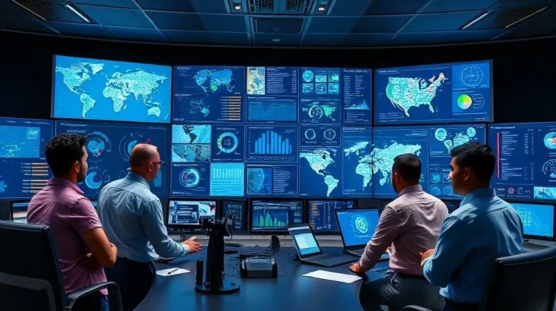 A photorealistic, professional photography shot of a sleek, modern maritime control center. A diverse team of experts is collaborating around multiple large screens displaying complex data visualizations, digital dashboards, and interactive maps related to vessel tracking and regulatory compliance. The atmosphere is highly focused yet collaborative, with cinematic lighting highlighting the advanced technology. 8K hyper-detailed, sharp focus, depth of field blurring non-essential elements, shot on a high-end DSLR.