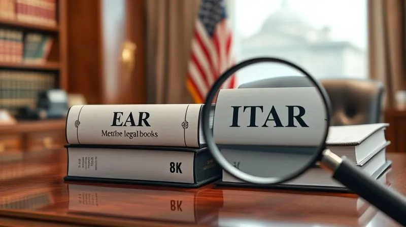 A photorealistic image of two distinct, complex legal rulebooks (one labeled EAR, one labeled ITAR) on a polished mahogany desk, with a magnifying glass hovering over them, highlighting the intricacies. Cinematic lighting, sharp focus on the rulebooks, depth of field blurring a distant American flag, 8K, professional photography.