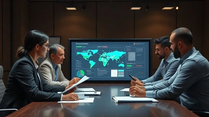 A photorealistic image of a diverse team of professionals (legal, logistics, sales) collaborating around a large table, reviewing documents and a digital dashboard, symbolizing a comprehensive export compliance program. The atmosphere is focused and collaborative. 8K, cinematic lighting, sharp focus, depth of field, shot on a high-end DSLR, professional photography.