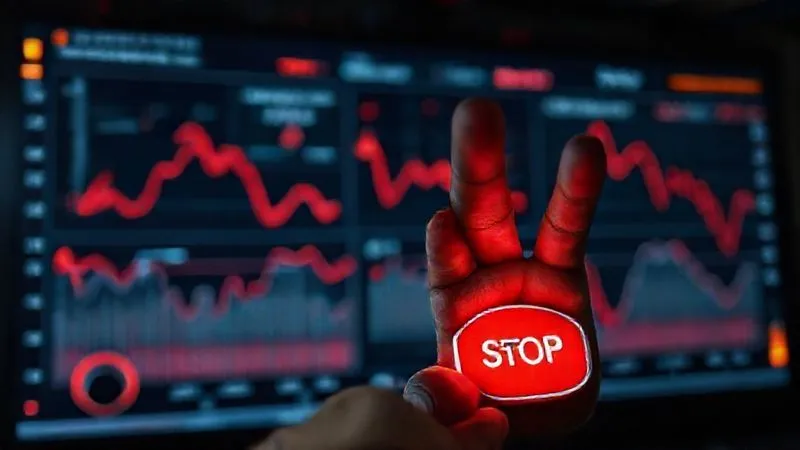 Photorealistic, professional photography, 8K, cinematic lighting, sharp focus, depth of field, shot on a high-end DSLR. A digital dashboard displaying financial metrics with several prominent red warning lights and downward-trending graphs, indicating severe financial distress. The screen is slightly blurred in the background, with a focused foreground element showing a worried hand hovering over a 'Stop' button, conveying urgency and a critical decision point.