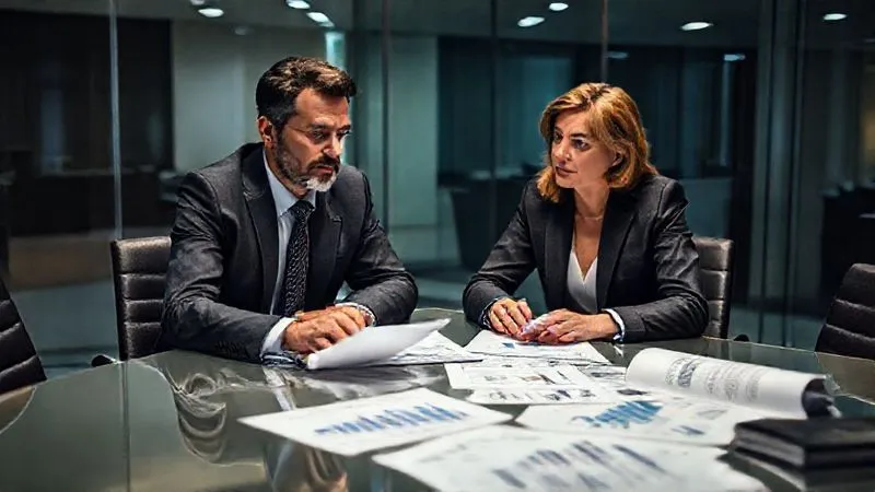 Photorealistic, professional photography, 8K, cinematic lighting, sharp focus, depth of field, shot on a high-end DSLR. Two directors, one male and one female, in a modern, glass-walled conference room. They are engaged in a serious but collaborative discussion, with financial charts and legal documents spread across the table. Their expressions convey a sense of shared responsibility and strategic problem-solving amidst challenging circumstances. The lighting is low-key, adding to the serious atmosphere without being overly dramatic.