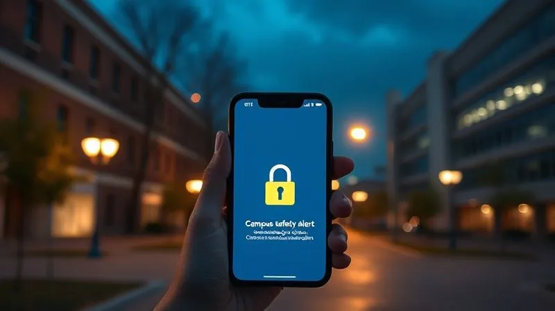A photorealistic image of a secure university campus at night, bathed in the soft glow of streetlights. In the foreground, a smartphone screen displays a campus safety alert with a padlock icon, showing secure digital communication. The background features modern university buildings with subtle emergency lights, symbolizing vigilance. Professional photography, 8K, cinematic lighting, sharp focus, depth of field, shot on a high-end DSLR.