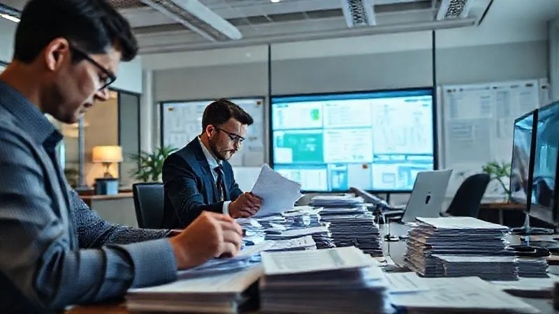 A photorealistic image of a legal team meticulously organizing stacks of documents, digital files on multiple screens, and evidence boards in a modern, well-lit office. The focus is on the collaborative and detailed nature of evidence gathering, with cinematic lighting and sharp focus on the documents, 8K hyper-detailed, shot on a high-end DSLR.