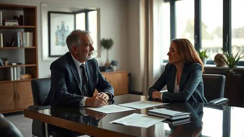 Photorealistic, professional photography, 8K, cinematic lighting, sharp focus, depth of field, shot on a high-end DSLR. A thoughtful, empathetic lawyer in a modern, well-appointed office, consulting with a client, with legal documents subtly visible on the table. The lighting is warm and professional, emphasizing trust and connection.
