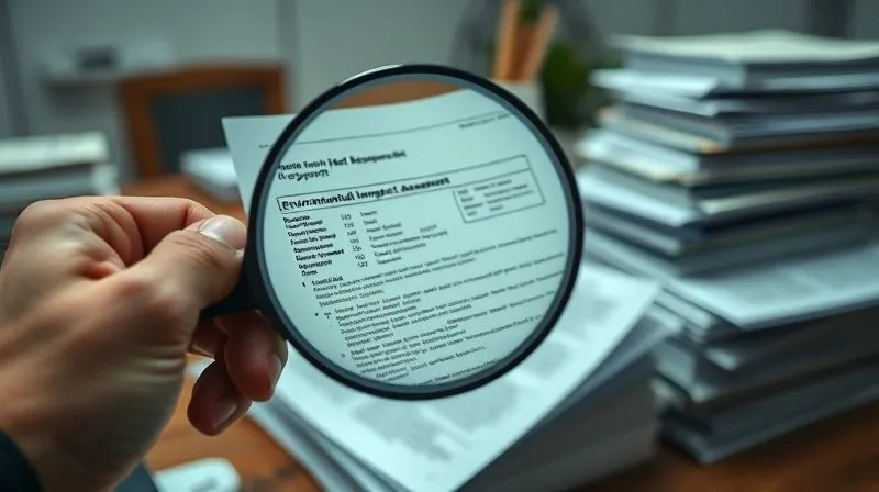 photorealistic, professional photography, 8K, cinematic lighting, sharp focus, depth of field, shot on a high-end DSLR, a hand holding a large magnifying glass over a section of a dense, official environmental impact assessment report, highlighting complex scientific data and legal text. The background is a blurred office setting with stacks of documents, emphasizing meticulous scrutiny and detail-oriented investigation, with a subtle sense of urgency.