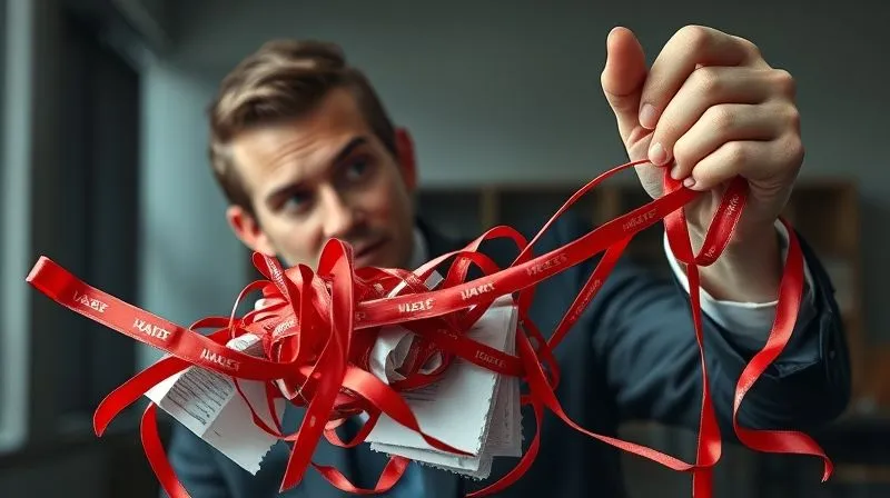 photorealistic, professional photography, 8K, cinematic lighting, sharp focus, depth of field, shot on a high-end DSLR, a person initially looking bewildered at a tangled knot of red tape and complex legal papers, then in a subsequent, seamlessly integrated part of the image, the same person is shown confidently untangling a section of the knot, revealing a clear, straight path. The background is a subdued, professional office environment, symbolizing overcoming legal complexities and finding clarity.
