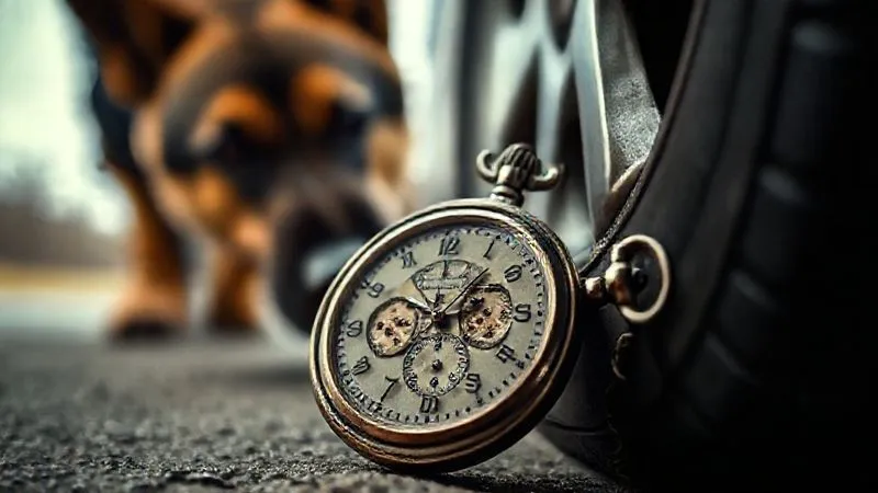 A photorealistic image of a vintage pocket watch with gears exposed, showing time ticking slowly, juxtaposed with a blurred image of a police K-9's nose sniffing a car tire in the background. Cinematic lighting, sharp focus on the watch, depth of field, 8K, shot on a high-end DSLR, professional photography.