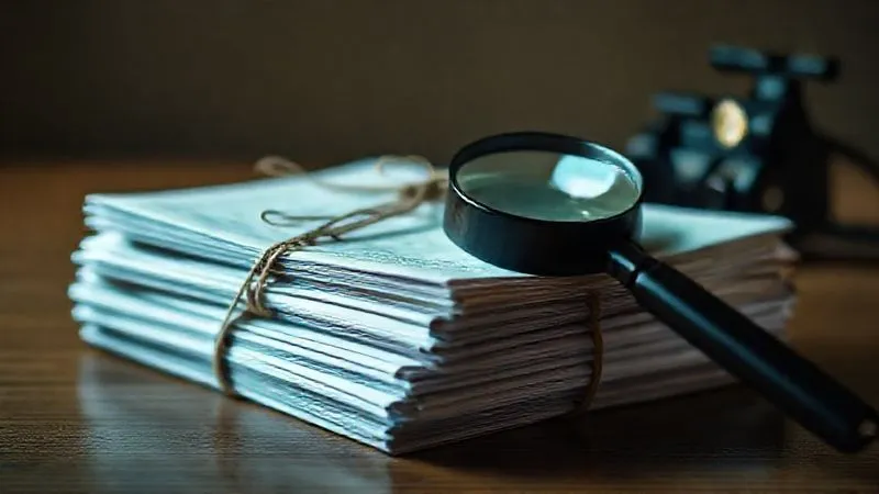 A photorealistic, professional photography, 8K, cinematic lighting, sharp focus, depth of field, shot on a high-end DSLR, of a stack of legal documents tied with string, with a magnifying glass resting on top, and a police dashcam recording light subtly glowing in the background, symbolizing the meticulous gathering of evidence and legal scrutiny.