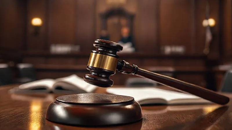 A photorealistic image of a gavel striking a sound block on a judge's bench, with legal documents and a blurred courtroom in the background. The lighting is dramatic and focused on the gavel, conveying the weight of legal decisions, sharp focus, depth of field, 8K, shot on a high-end DSLR, professional photography.