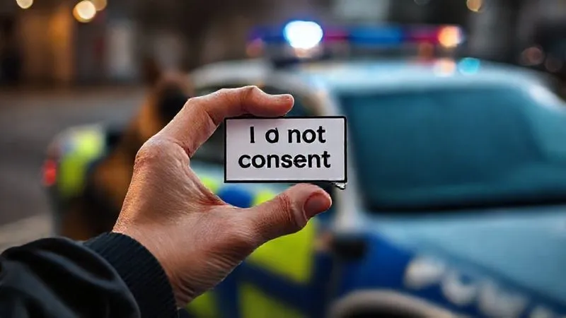 A photorealistic image of a person's hand holding a small, clear speech bubble with the words "I do not consent" inside, against a blurred background of a police car and a K-9. The lighting is direct, highlighting the assertion of rights, sharp focus on the hand and speech bubble, depth of field, 8K, shot on a high-end DSLR, professional photography.