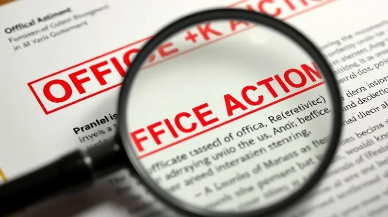 photorealistic, professional photography, 8K, cinematic lighting, sharp focus, depth of field, shot on a high-end DSLR. A close-up of an official government document with red 'OFFICE ACTION' text prominently stamped, surrounded by detailed legal jargon, with a magnifying glass hovering over a specific paragraph highlighting the reason for refusal, conveying scrutiny and complexity.