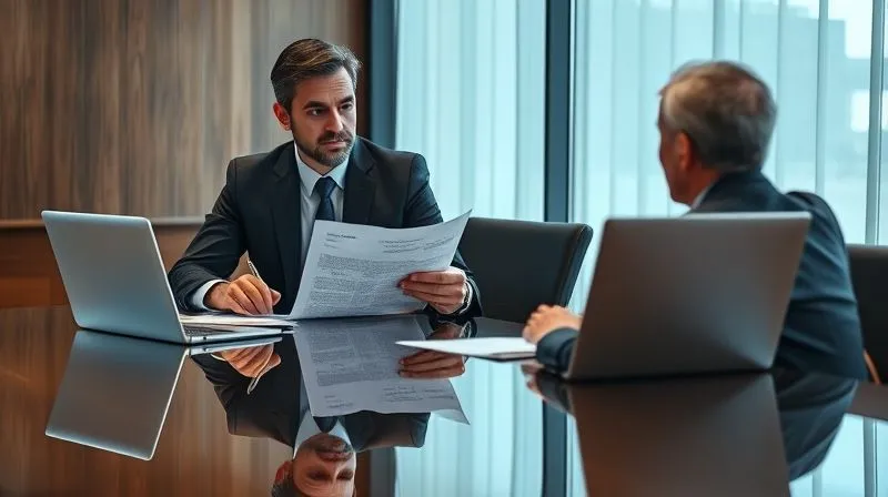photorealistic, professional photography, 8K, cinematic lighting, sharp focus, depth of field, shot on a high-end DSLR. A focused trademark attorney, dressed professionally, is explaining a complex legal document to a client across a polished conference table. Both are engaged, with files and a laptop open, conveying expert guidance and collaborative problem-solving.
