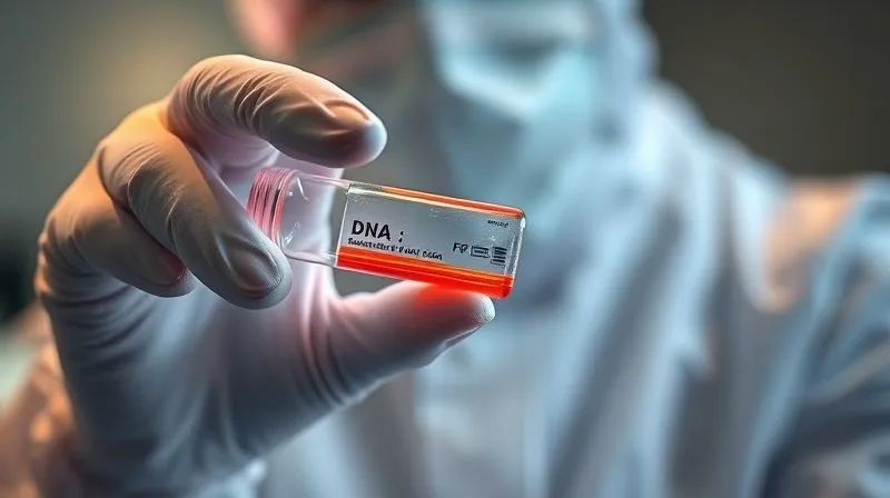 A photorealistic close-up of a forensic scientist in a sterile lab suit, gloved hands carefully handling a DNA sample tube under bright, controlled lighting, with a subtle glow representing the risk of contamination in the background. Professional photography, 8K, cinematic lighting, sharp focus on the hands and tube, depth of field, shot on a high-end DSLR.