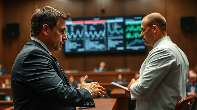 A photorealistic intense courtroom scene, a defense attorney sharply cross-examining a forensic expert on the stand, with detailed DNA charts visible on a screen in the background. The attorney's face shows determination, the expert's face shows focus. Professional photography, 8K, cinematic lighting, sharp focus on the attorney and expert, depth of field, shot on a high-end DSLR.