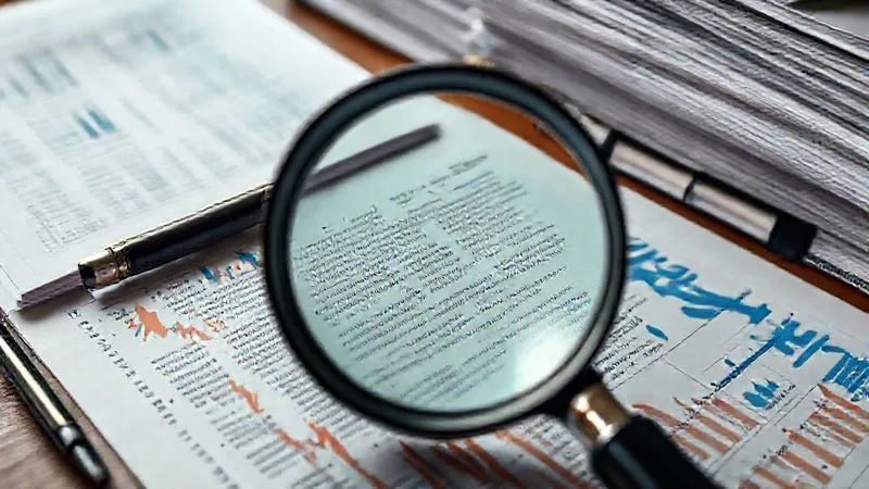 A photorealistic close-up of a magnifying glass hovering over complex legal text and data charts on a desk, surrounded by stacks of official documents. Professional photography, 8K, cinematic lighting, sharp focus on the magnified text, depth of field, shot on a high-end DSLR, conveying meticulous research and scrutiny.