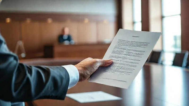 A photorealistic image of a legal brief being presented in a modern, well-lit courtroom. A judge is visible in the background, with a lawyer gesturing towards a document. Professional photography, 8K, cinematic lighting, sharp focus on the brief and lawyer's hand, depth of field, shot on a high-end DSLR, conveying legal argument and judicial process.