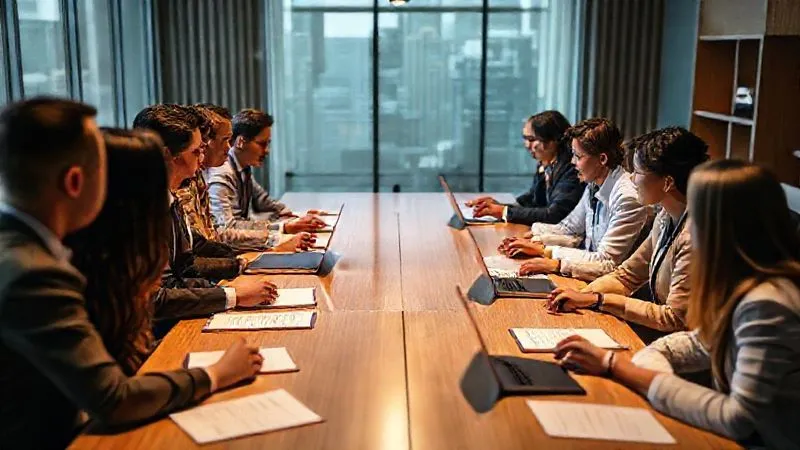 A photorealistic image of diverse professionals from various industries gathered around a large conference table, actively engaged in discussion and collaboration, with notes and laptops open. Professional photography, 8K, cinematic lighting, sharp focus on the group, depth of field, shot on a high-end DSLR, conveying strategic partnership and advocacy.