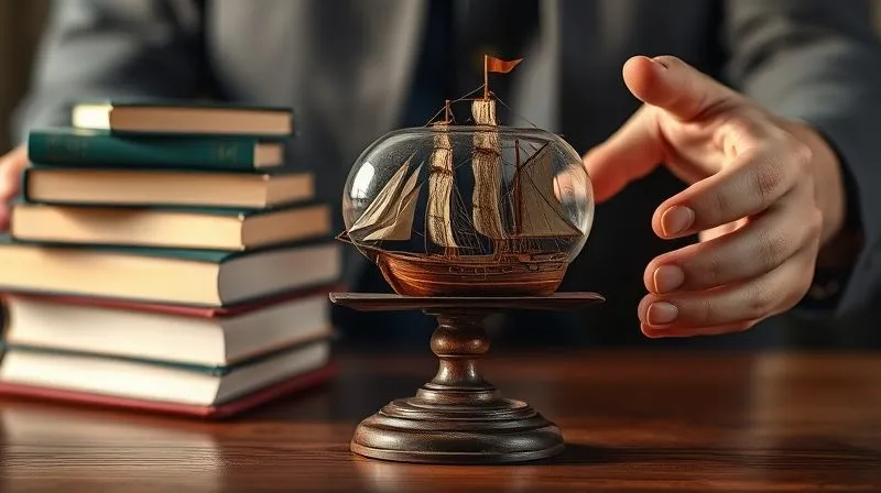 A photorealistic, professional photography, 8K, cinematic lighting, sharp focus, depth of field, shot on a high-end DSLR, of a person's hands delicately balancing a small, antique ship in a bottle on a scale, with a stack of legal books on one side, symbolizing the delicate balance of legal strategy and risk in maritime disputes.