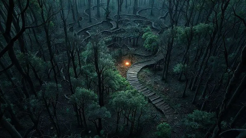 A photorealistic image of a complex legal labyrinth or a winding, difficult path through a dense forest, with a single, faint light source at the end, symbolizing the challenging but potentially navigable journey through limited legal relief options for aggravated felons, 8K, cinematic lighting, sharp focus, depth of field.