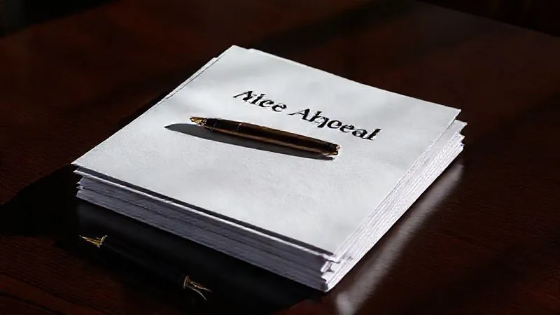 A photorealistic, professional photography shot of a stack of legal appeal documents, prominently featuring a 'Notice of Appeal' on top, resting on a dark, polished wooden desk. The documents are crisp and official, with a pen lying beside them. Cinematic lighting casts dramatic shadows, emphasizing the weight and finality of the legal process. 8K hyper-detailed, shot on a high-end DSLR.