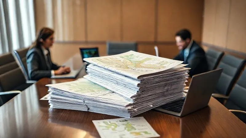 Photorealistic image of a legal team meticulously reviewing a large stack of environmental assessment documents and maps on a conference table, with laptops displaying data. Cinematic lighting, sharp focus on the documents, depth of field blurring the background, 8K hyper-detailed, professional photography, shot on a high-end DSLR.