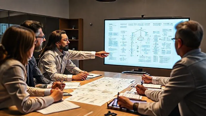 Photorealistic, professional photography, 8K, cinematic lighting, sharp focus, depth of field, shot on a high-end DSLR. A diverse group of legal and environmental experts collaboratively brainstorming around a large table, looking at projected diagrams and legal texts. One person points to a complex flowchart on a screen while others take notes, conveying intense intellectual engagement and teamwork.