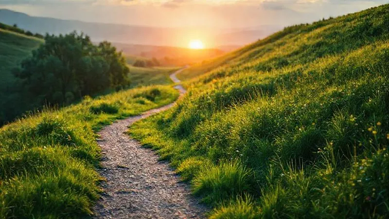 Photorealistic image of a path winding through a lush, vibrant natural landscape towards a distant, softly glowing light on the horizon, symbolizing hope, progress, and a successful resolution after navigating challenges. Cinematic lighting, sharp focus on the path, depth of field blurring the distant light, 8K hyper-detailed, professional photography, shot on a high-end DSLR.