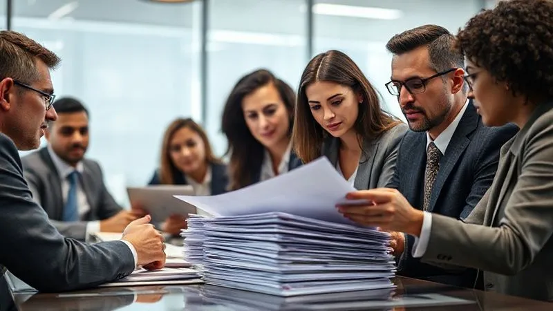 A photorealistic, professional photography image of a diverse legal and technical team intently reviewing a stack of organized documents and digital files in a modern conference room. Cinematic lighting highlights their faces, sharp focus on the documents with depth of field blurring the background, 8K hyper-detailed, shot on a high-end DSLR.