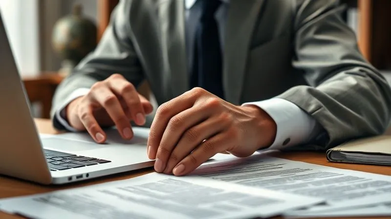 A photorealistic image of a person meticulously organizing documents at a desk, with legal texts and a laptop in the background. The atmosphere is serious and focused, conveying diligence and preparation. Professional photography, 8K, cinematic lighting, sharp focus on the documents, depth of field, shot on a high-end DSLR.