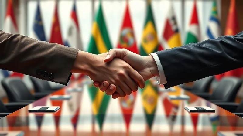 A photorealistic image of two hands shaking firmly across a polished conference table, with a blurred backdrop of international flags, symbolizing international cooperation and dispute resolution. Professional photography, 8K, cinematic lighting, sharp focus on the handshake, depth of field blurring the flags, shot on a high-end DSLR.