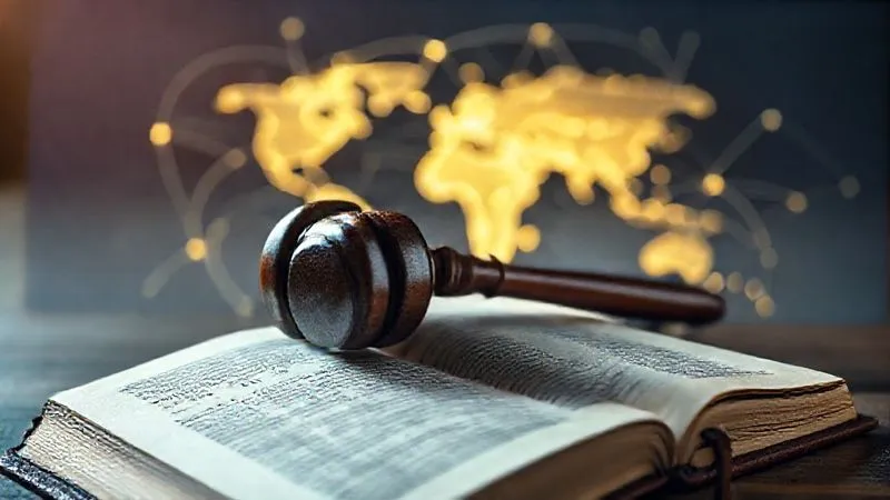 Photorealistic, professional photography, 8K, cinematic lighting, sharp focus, depth of field, shot on a high-end DSLR. A heavy, antique wooden gavel rests on an open, leather-bound legal text titled 'Vienna Convention on the Law of Treaties', its pages slightly yellowed. In the blurred background, a subtle, glowing holographic projection of a world map with interconnected lines, symbolizing international law and global agreements. The scene evokes gravitas and the weight of legal precedent.