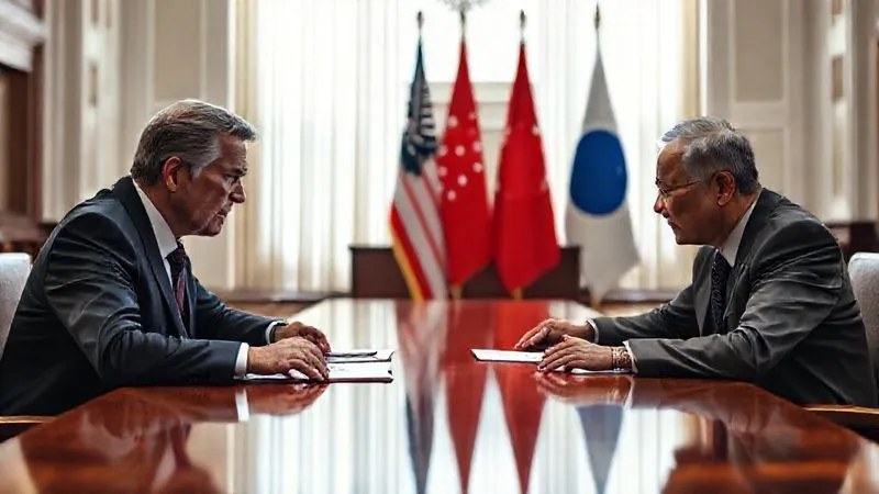 Photorealistic, professional photography, 8K, cinematic lighting, sharp focus, depth of field, shot on a high-end DSLR. Two diplomats, one from a Western nation and one from an Asian nation, are seated at a long, polished mahogany table in a grand, sunlit room. They are engaged in intense discussion, with a subtle tension in their body language and expressions, hinting at underlying legal disagreements. National flags of both countries stand formally behind them. Papers and a pen rest on the table between them, suggesting serious negotiations.