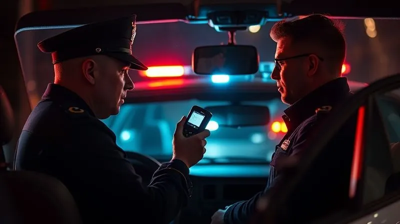 A photorealistic image of a police officer administering a breathalyzer test to a driver at night, illuminated by the flashing lights of a patrol car. The focus is on the interaction, with subtle tension. Professional photography, 8K, cinematic lighting, sharp focus, depth of field, shot on a high-end DSLR.