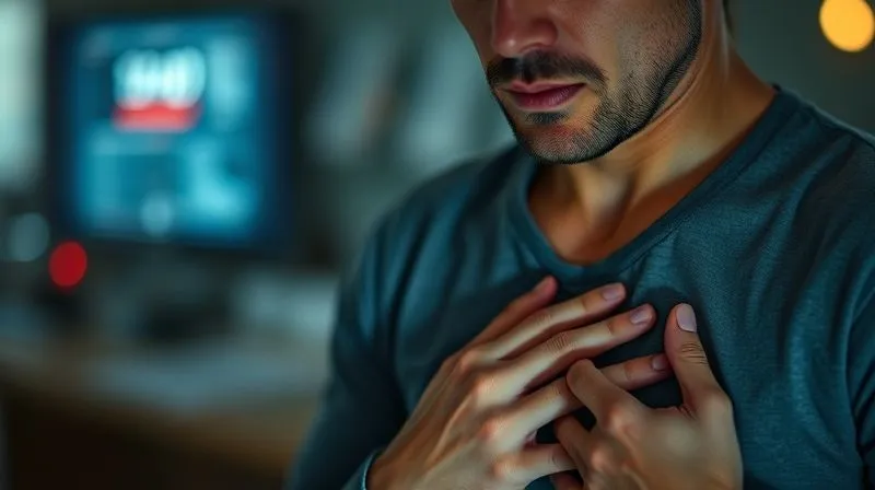 A photorealistic image of a person with a concerned expression, holding their chest, representing acid reflux or a medical condition, with a blurred breathalyzer in the background. Cinematic lighting, sharp focus on the person, depth of field blurring the background, 8K hyper-detailed, professional photography, shot on a high-end DSLR.