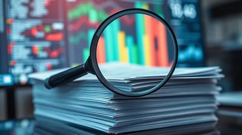 A photorealistic image of a stack of legal documents with a magnifying glass resting on top, emphasizing detailed scrutiny of evidence. In the background, a blurred computer screen shows technical data. Professional photography, 8K, cinematic lighting, sharp focus, depth of field, shot on a high-end DSLR.