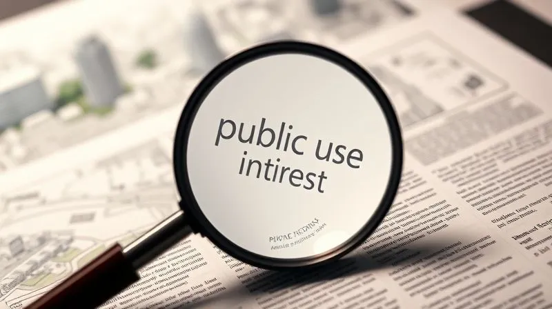 A photorealistic image of a magnifying glass hovering over complex legal documents with blurred city development plans in the background. The focus is on dense text, highlighting words like 'public use' and 'private interest'. Cinematic lighting, sharp focus, depth of field, 8K hyper-detailed, professional photography, shot on a high-end DSLR.