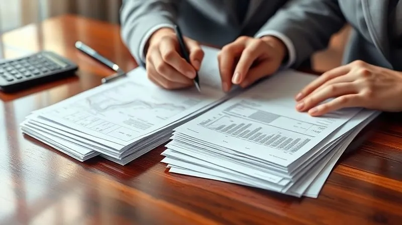 A photorealistic image of hands meticulously organizing stacks of financial documents, receipts, and appraisals on a polished wooden desk. A calculator and pen are visible, with a blurred background of a property outline on a map. Cinematic lighting, sharp focus on the documents, depth of field, 8K hyper-detailed, professional photography, shot on a high-end DSLR.