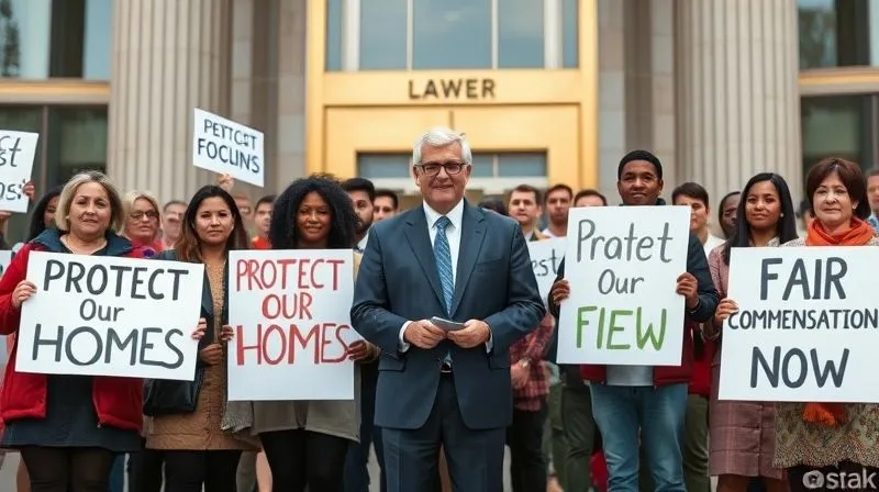A photorealistic image of a diverse group of community members, holding signs with slogans like 'Protect Our Homes' and 'Fair Compensation Now', gathered peacefully outside a modern government building. The mood is determined and unified, with a lawyer standing among them, looking authoritative. Cinematic lighting, sharp focus on the people, depth of field, 8K hyper-detailed, professional photography, shot on a high-end DSLR.