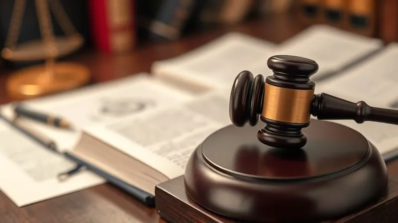 A photorealistic image of a gavel on a law book, with blurred legal documents and a judge's bench in the background, signifying the litigation process. The lighting is solemn and professional, sharp focus on the gavel, depth of field, 8K hyper-detailed, professional photography, shot on a high-end DSLR.