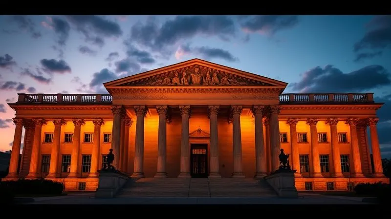 A photorealistic image of the Supreme Court building at dusk, with dramatic lighting highlighting the pillars and architecture, cinematic lighting, sharp focus, depth of field, 8K hyper-detailed.